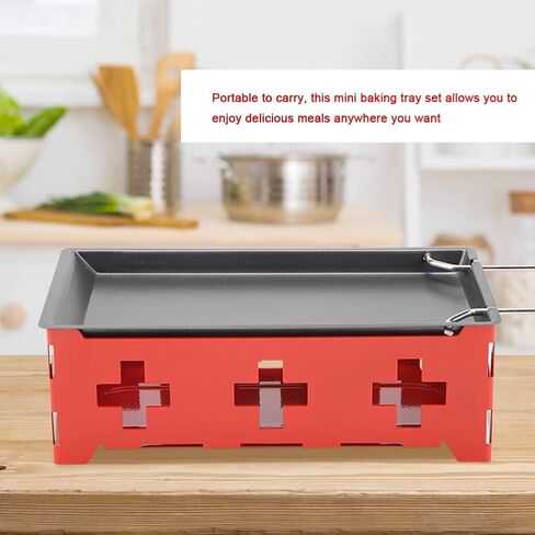 Portable Non Stick Cheese Raclette Rotaster Baking Tray Stove Set Home Kitchen Grilling Tool, with (Steel handle set, red stove rack + baking tray) in Saudi Arabia