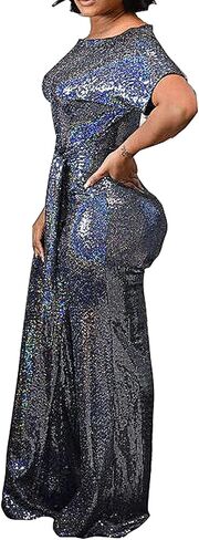 بدلة قفز نسائية مسائية سباركلي من LKOUS بدون أكتاف وأكمام قصيرة للحفلات مزينة بالترتر وخصر عالي وبنطلون بأرجل واسعة in Kuwait