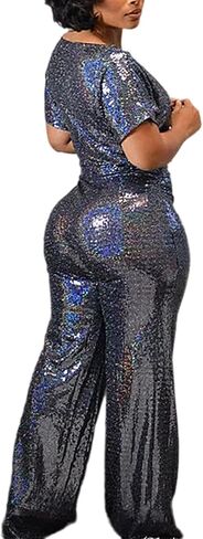 بدلة قفز نسائية مسائية سباركلي من LKOUS بدون أكتاف وأكمام قصيرة للحفلات مزينة بالترتر وخصر عالي وبنطلون بأرجل واسعة in Kuwait