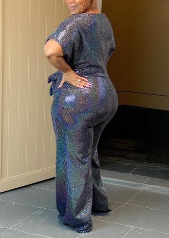 بدلة قفز نسائية مسائية سباركلي من LKOUS بدون أكتاف وأكمام قصيرة للحفلات مزينة بالترتر وخصر عالي وبنطلون بأرجل واسعة in Kuwait