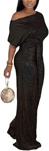 LKOUS Women's Evening Sparkly Jumpsuits Off Shoulder Short Sleeve Party Sequins Rompers High Waisted Wide Leg Pants Suit in Kuwait