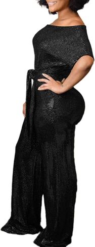 LKOUS Women's Evening Sparkly Jumpsuits Off Shoulder Short Sleeve Party Sequins Rompers High Waisted Wide Leg Pants Suit in Kuwait