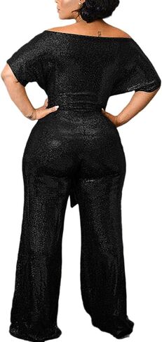 LKOUS Women's Evening Sparkly Jumpsuits Off Shoulder Short Sleeve Party Sequins Rompers High Waisted Wide Leg Pants Suit in Kuwait