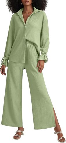LYANER Women's 2 Piece Outfits Button Down Long Sleeve Shirt and Wide Leg Pants Set in Saudi Arabia