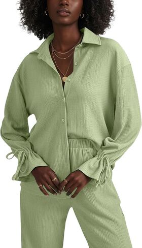 LYANER Women's 2 Piece Outfits Button Down Long Sleeve Shirt and Wide Leg Pants Set in Saudi Arabia
