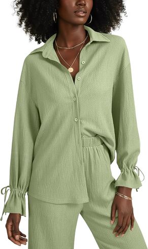 LYANER Women's 2 Piece Outfits Button Down Long Sleeve Shirt and Wide Leg Pants Set in Saudi Arabia