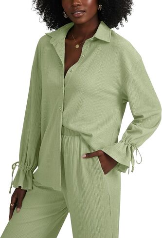 LYANER Women's 2 Piece Outfits Button Down Long Sleeve Shirt and Wide Leg Pants Set in Saudi Arabia