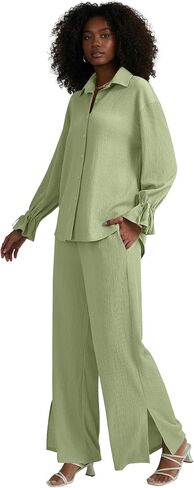 LYANER Women's 2 Piece Outfits Button Down Long Sleeve Shirt and Wide Leg Pants Set in Saudi Arabia