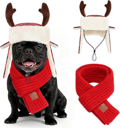 YUEPET 2 PCs Adjustable Dog Christmas Antler Buffalo Hat & Scarf Set, Soft Pet Christmas Holiday Costume Outfit, Red Knitted Scarf Winter Neck Warmer for Small Medium Large XL Dogs（L in Kuwait