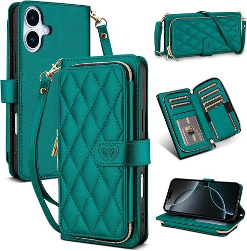 للحصول على iPhone16 Pro Max Wallet Case with Crossbody and Wrist Strap for Women Girls ، Fashion Pu Leather Rfid Forcing Kickstand Flip Folio Wover with Card Holder and Zipper Black in Saudi Arabia
