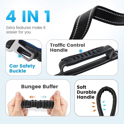 IOKHEIRA 6Ft /4Ft Dog Leash Rope for Large Dogs, Heavy Duty with Comfortable Padded Handle and Highly Reflective Threads,4-in-1 Multifunctional Dog Leashes with Car Seat Belt for Training (Black) in Saudi Arabia