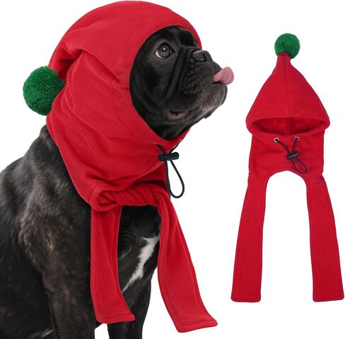 DENTRUN Dog Winter Hat - Cozy Fleece Hood & Scarf for Large Dogs, Noise-Reducing Ear Cover, Christmas Costume, Red (L:12-18" Head Girth) in Saudi Arabia