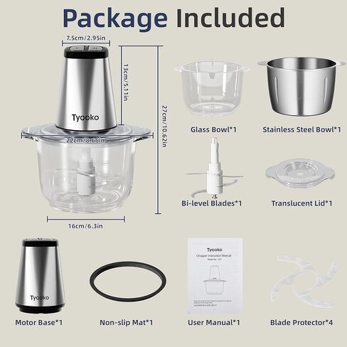 محضرة طعام كهربائية، مفرمة خضروات، أداة مساعدة في المطبخ، مفرمة لحم سهلة التنظيف مع وعاءين (8 أكواب من الفولاذ المقاوم للصدأ + 8 أكواب زجاجية)، خلاط طعام صغير للفواكه/اللحوم/المكسرات/الأسماك/الخضار/أغذية الحيوانات الأليفة/أغذية الأطفال in Kuwait