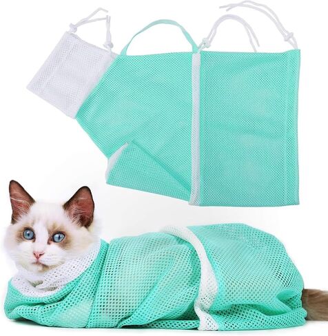 Cat Bathing Grooming Bag Adjustable Breathable Mesh Pet Restraint Bag for Bath Nail Trim Medicine and Vet Visits Green in Saudi Arabia
