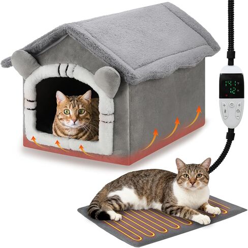 FHTONGE Heated Cat Bed House with Timer Temp Adjustment, Thermal Enclosed Kitten Beds Hideaway Machine Washable, Self-Warming Cozy Pet Nest Covered Beds Cave for Indoor Kitten Old Cat Puppy Small Dog in Kuwait