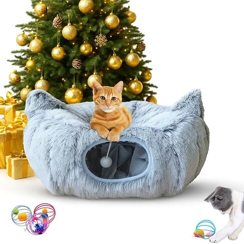 Cat Donut Tunnel Bed with 3pcs Mouse Ball Toy - Cat Tunnel for Under Christmas Tree & Cat Tunnel Bed Cave - Soft cat cave Bed – 3-in-1 Cat Tunnels for Indoor Cats, Kittens, Puppies, Rabbits (Grey) in Saudi Arabia