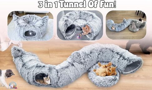 Cat Donut Tunnel Bed with 3pcs Mouse Ball Toy - Cat Tunnel for Under Christmas Tree & Cat Tunnel Bed Cave - Soft cat cave Bed – 3-in-1 Cat Tunnels for Indoor Cats, Kittens, Puppies, Rabbits (Grey) in Saudi Arabia