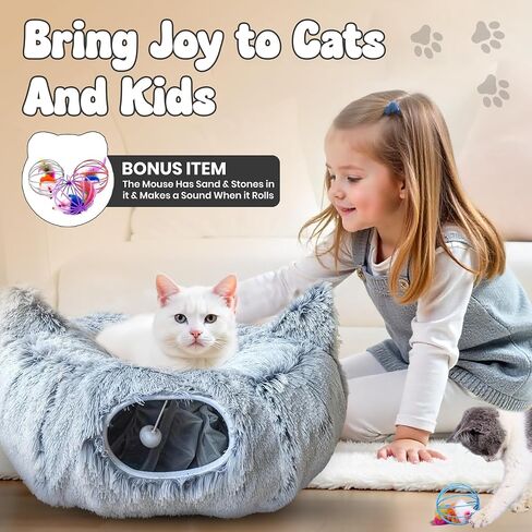 Cat Donut Tunnel Bed with 3pcs Mouse Ball Toy - Cat Tunnel for Under Christmas Tree & Cat Tunnel Bed Cave - Soft cat cave Bed – 3-in-1 Cat Tunnels for Indoor Cats, Kittens, Puppies, Rabbits (Grey) in Saudi Arabia