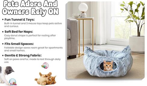 Cat Donut Tunnel Bed with 3pcs Mouse Ball Toy - Cat Tunnel for Under Christmas Tree & Cat Tunnel Bed Cave - Soft cat cave Bed – 3-in-1 Cat Tunnels for Indoor Cats, Kittens, Puppies, Rabbits (Grey) in Saudi Arabia