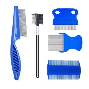 مجموعة من 5 أمشاط للبراغيث والقمل للقطط والكلاب والأطفال - طقم مشط ذو أسنان دقيقة من الفولاذ المقاوم للصدأ مع مزيل للبقع المسيل للدموع على الوجهين، وفرشاة للعناية بالشعر السميك (أزرق) in Kuwait