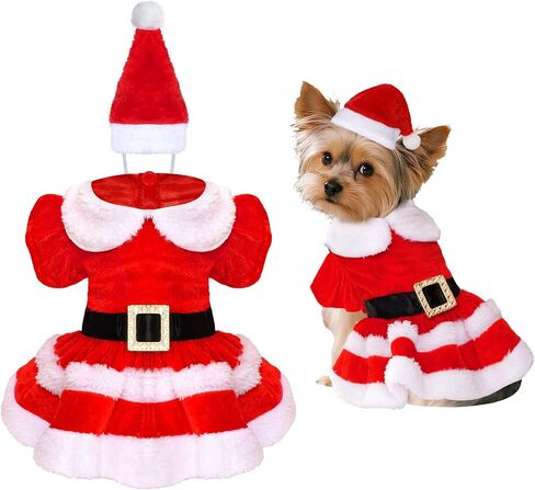 Christmas Dog Dress Santa Pet Christmas Dress Red with Red Santa Hat for Winter Holiday Soft Thermal Skirt (Small) in Saudi Arabia