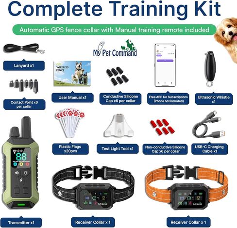 سياج My Pet Command GPS، سياج لاسلكي للكلاب بدون اشتراك مع التطبيق، أسوار ذات 6 جوانب أو دائرية، نغمة، اهتزاز، تصحيح، صدمة، طوق مقاوم للماء قابل لإعادة الشحن in Kuwait