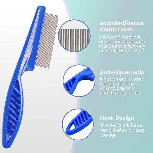 مجموعة من 5 أمشاط للبراغيث والقمل للقطط والكلاب والأطفال - طقم مشط ذو أسنان دقيقة من الفولاذ المقاوم للصدأ مع مزيل للبقع المسيل للدموع على الوجهين، وفرشاة للعناية بالشعر السميك (أزرق) in Kuwait
