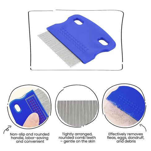 مجموعة من 5 أمشاط للبراغيث والقمل للقطط والكلاب والأطفال - طقم مشط ذو أسنان دقيقة من الفولاذ المقاوم للصدأ مع مزيل للبقع المسيل للدموع على الوجهين، وفرشاة للعناية بالشعر السميك (أزرق) in Kuwait