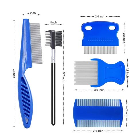 مجموعة من 5 أمشاط للبراغيث والقمل للقطط والكلاب والأطفال - طقم مشط ذو أسنان دقيقة من الفولاذ المقاوم للصدأ مع مزيل للبقع المسيل للدموع على الوجهين، وفرشاة للعناية بالشعر السميك (أزرق) in Kuwait