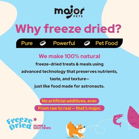 مكافآت الكلاب المجففة بالتجميد من MAJOR PETS، سمك السلمون البري والبطاطا الحلوة، طبيعي 100%، عالي البروتين، غني بأوميجا 3، خالي من الحبوب، قطع تدريب صحية ووجبة علوية، صنع في الولايات المتحدة الأمريكية، 2.5 أونصة in Kuwait