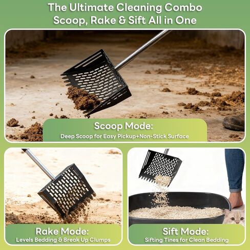 Chicken Poop Scooper & Rake 2-in-1, Adjustable 24'' to 66'' Metal Sand Sifting Shovel for Coop Cleaning, Effortless for Chicken Duck Rabbit Cages, Cat Litter, Fire Ash, Saving Time & Energy in Saudi Arabia