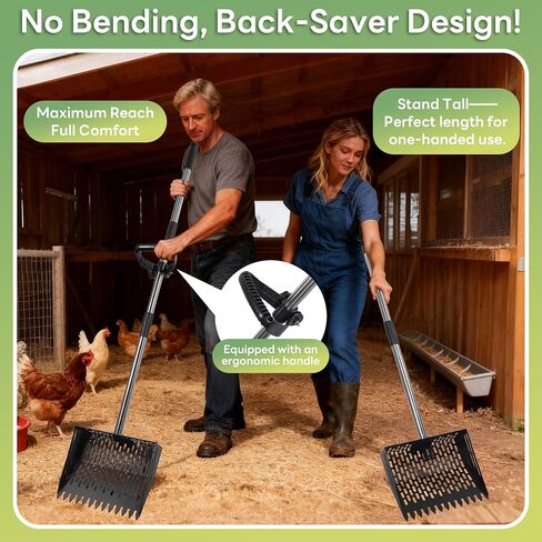 Chicken Poop Scooper & Rake 2-in-1, Adjustable 24'' to 66'' Metal Sand Sifting Shovel for Coop Cleaning, Effortless for Chicken Duck Rabbit Cages, Cat Litter, Fire Ash, Saving Time & Energy in Saudi Arabia