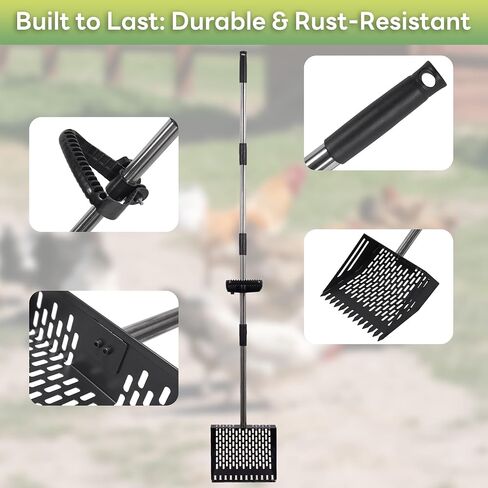 Chicken Poop Scooper & Rake 2-in-1, Adjustable 24'' to 66'' Metal Sand Sifting Shovel for Coop Cleaning, Effortless for Chicken Duck Rabbit Cages, Cat Litter, Fire Ash, Saving Time & Energy in Saudi Arabia