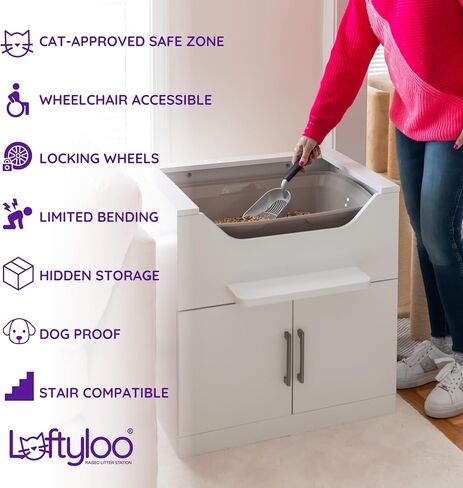 صندوق فضلات القطط المرتفع من LoftyLoo - مرتفع وسهل التنظيف وطارد للكلاب - صندوق فضلات طويل لكبار السن ومستخدمي الكراسي المتحركة وأصحاب القطط ذوي القدرة المحدودة على الحركة - تخزين، أبيض، عجلات، صنع في الولايات المتحدة الأمريكية in Saudi Arabia