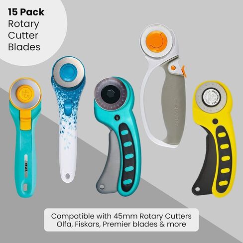شفرات قاطعة دوارة من Premier Blades مقاس 45 مم - (15 حزمة) تناسب شفرات Fiskars وOlfa وMartelli والمزيد - عجلة قطع قماش الاستوديو للنسيج والورق in Saudi Arabia