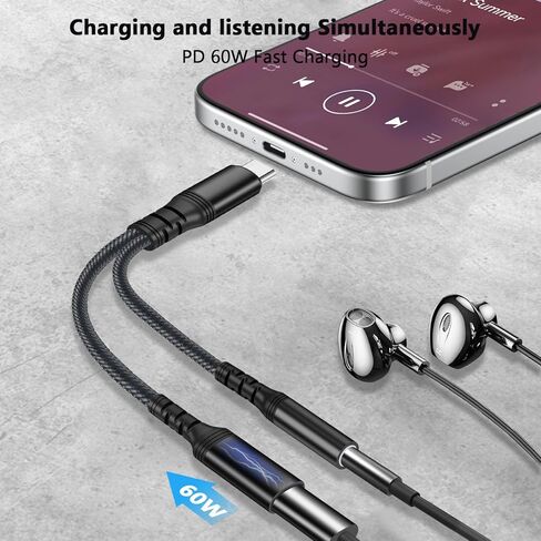 محول صوت USB C إلى 3.5 ملم مع شاحن، محول سماعة رأس USB 2 في 1 مع دونجل شحن PD 60 وات متوافق مع Galaxy S23 Ultra/S23/S22/S22+/S21/S20FE/A53/Note 10+، Google Pixel 7/6Pro/ 5/4XL/3 in Saudi Arabia