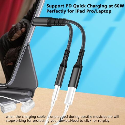 محول صوت USB C إلى 3.5 ملم مع شاحن، محول سماعة رأس USB 2 في 1 مع دونجل شحن PD 60 وات متوافق مع Galaxy S23 Ultra/S23/S22/S22+/S21/S20FE/A53/Note 10+، Google Pixel 7/6Pro/ 5/4XL/3 in Saudi Arabia