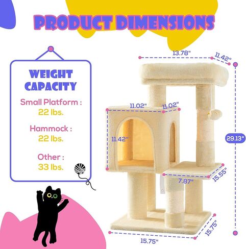شجرة قطط مقاس 29 بوصة من SHA CERLIN للقطط الداخلية، برج قطط متعدد المستويات مع جثم كبير، شقة مريحة، كرات ألعاب مرحة، أعمدة خدش سيزال، مركز أنشطة أثاث ثابت للحيوانات الأليفة، موفر للمساحة، بيج in Kuwait