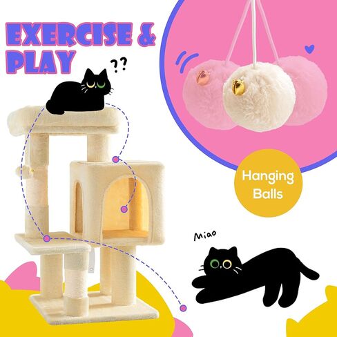 شجرة قطط مقاس 29 بوصة من SHA CERLIN للقطط الداخلية، برج قطط متعدد المستويات مع جثم كبير، شقة مريحة، كرات ألعاب مرحة، أعمدة خدش سيزال، مركز أنشطة أثاث ثابت للحيوانات الأليفة، موفر للمساحة، بيج in Kuwait