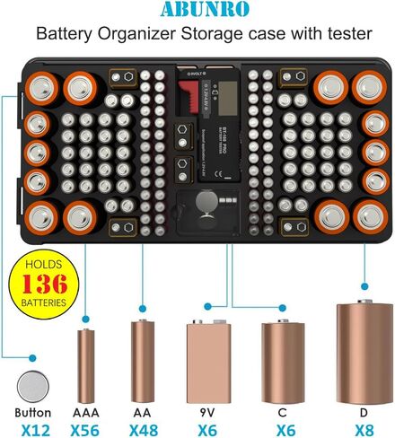 Battery Organizer Storage case with Battery Tester for AAA AA C D 9V and Button Batteries Storage Box Holds 110 Batteries Various Sizes with Removable Digital Battery Tester in Saudi Arabia