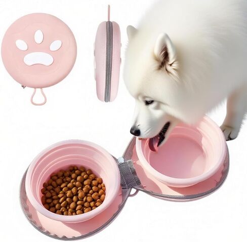 وعاء الحيوانات الأليفة القابل للطي من Bear Paw، تصميم وعاء مزدوج للطعام والماء، مقاس 6.1 بوصة، وردي وبرتقالي وبيج (وردي) in Kuwait