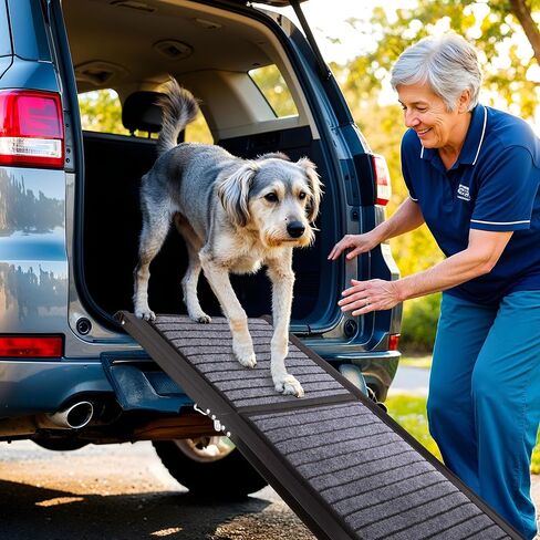 Dog Ramp - 62" x 17.5" Folding Dog Ramp for Car, Truck, SUV, or RV - Portable Ramps for Large Pets with Non-Slip Rug Surface - Pet Travel Accessories by PETMAKER (Black) in Saudi Arabia