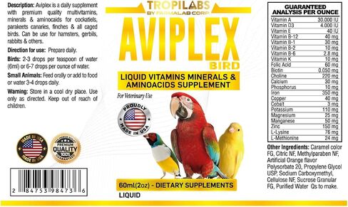 فيتامينات متعددة للطيور، مكمل Aviplex Minerals AMINOACIDS، 60 مل من الببغاء، والببغاء، والعصافير، وطيور الحب، والكويكرز، وجميع الطيور المحبوسة من فارمالاب in Saudi Arabia