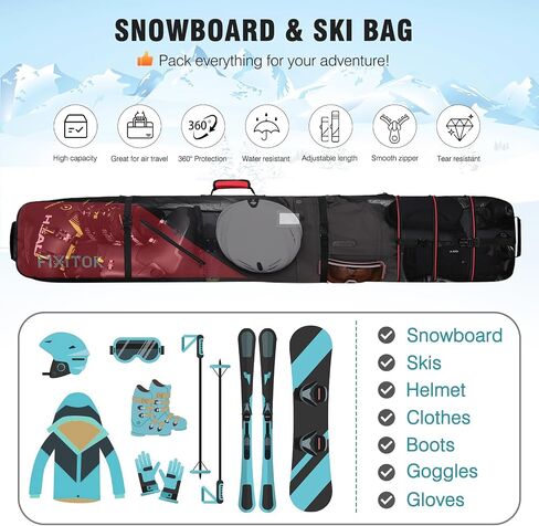 FIXITOK Snowboard & Ski Bag for Air Travel, Waterproof Full Padded Snowboard Bag Fit Board, Boots, Clothes, Helmet and Gear, Adjustable Length Ski Bag(157CM-181CM) in Kuwait