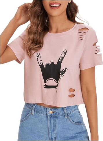 SweatyRocks Women's Short Sleeve T Shirt Graphic Print Distressed Crop Top in Saudi Arabia