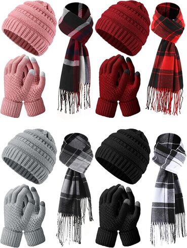 12 Pcs Winter Warmer Set Including Knit Beanie Hat Buffalo Plaid Scarf Touch Screen Gloves for Men Women in Kuwait