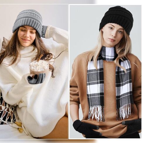 12 Pcs Winter Warmer Set Including Knit Beanie Hat Buffalo Plaid Scarf Touch Screen Gloves for Men Women in Kuwait