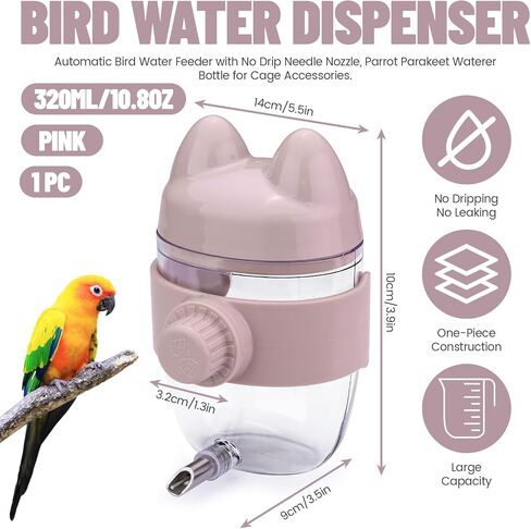 10.8Oz No Mess Bird Water Dispenser, Automatic Bird Water Feeder with No Drip Needle Nozzle, Parrot Parakeet Waterer Bottle for Cage Accessories (Pink, ONE) in Saudi Arabia