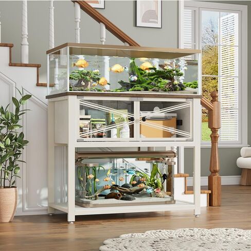 Rresyet 40-50 Gallon Aquarium Stand with Heavy Duty Metal Frame, Fish Tank Stand with Power Outlets, Two Glasses Door Storage Cabinet, Suitable for Turtle Tank, Reptile Tank, White+Brown in Saudi Arabia