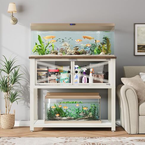 Rresyet 40-50 Gallon Aquarium Stand with Heavy Duty Metal Frame, Fish Tank Stand with Power Outlets, Two Glasses Door Storage Cabinet, Suitable for Turtle Tank, Reptile Tank, White+Brown in Saudi Arabia